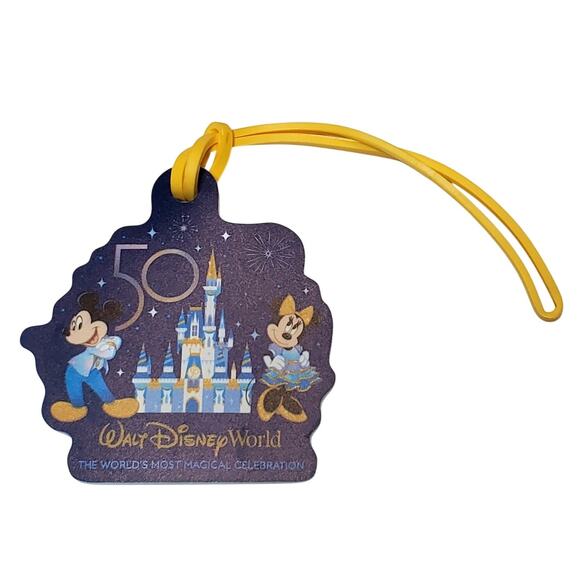 New Walt Disney World 50th Anniversary Luggage Tag with Cord Mickey Minnie - Picture 1 of 3